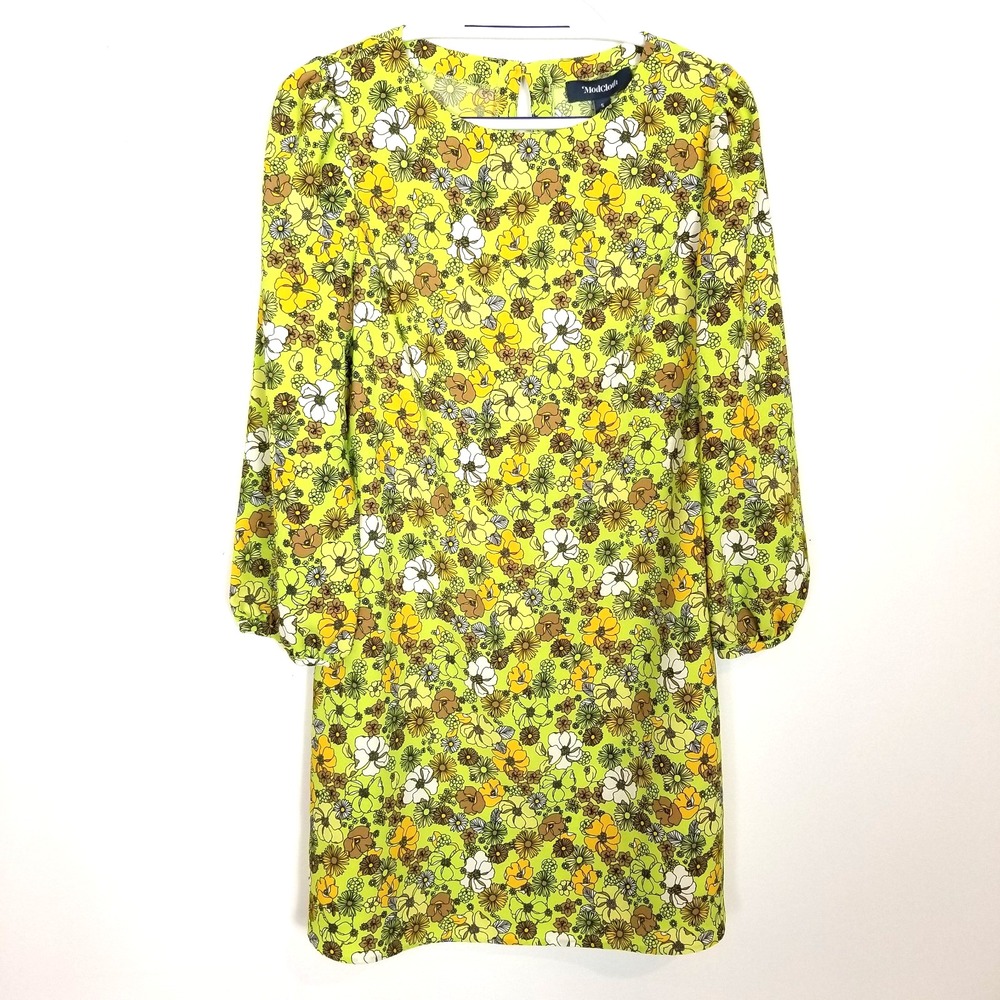 Modcloth Women's Floral Retro Shift Dress Sz S Green Summer Mini Long Sleeve